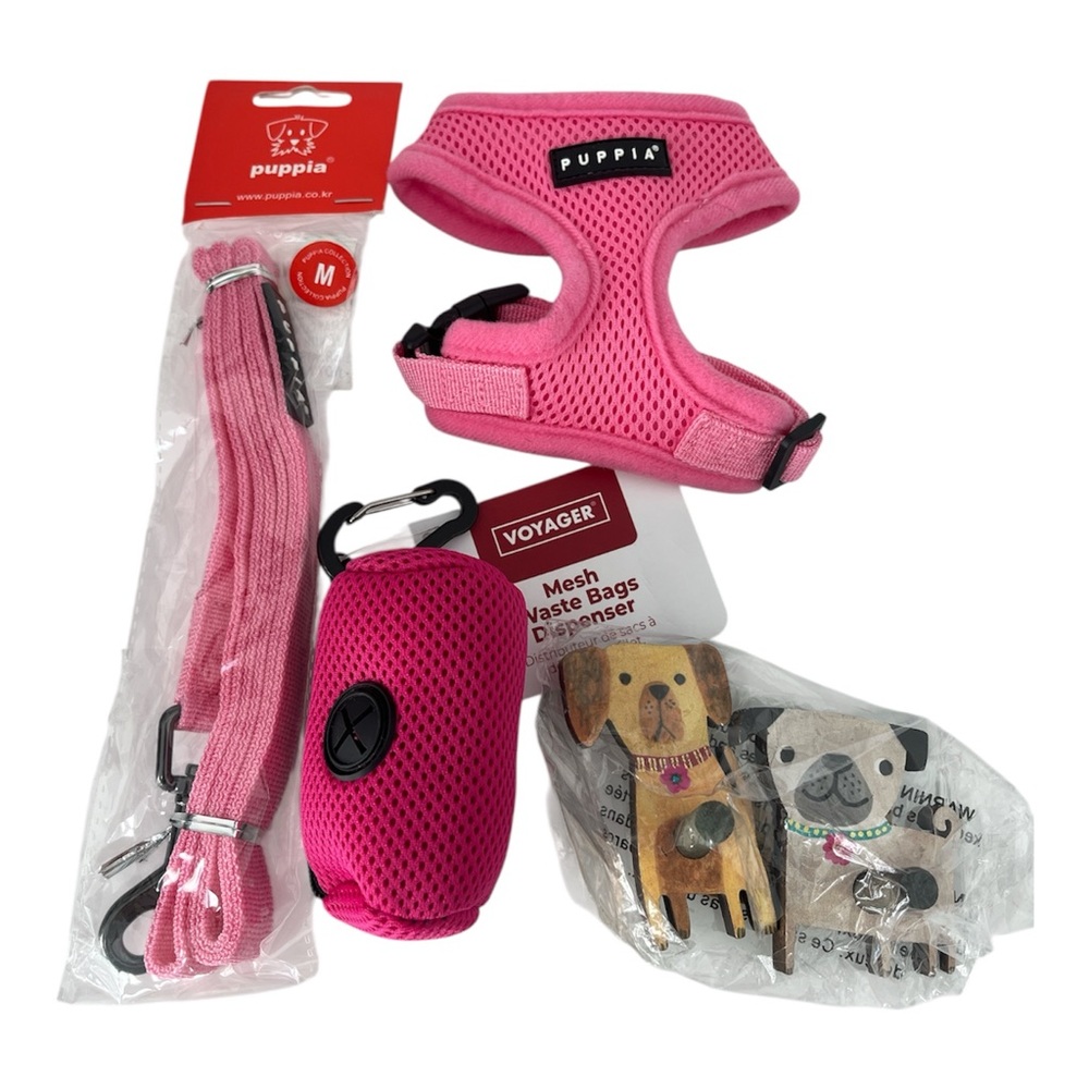 Puppia Pink Harness XS Leash M Bundle Voyager Mesh Waste Dispenser Puppy NWT